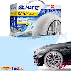 May include: A white snow sock tire cover is shown on a car tire. The product is in a box with the brand name "MATTE" and the text "KARÇORABI SUPER-X SERIES". The image also shows the DHL and FedEx logos.