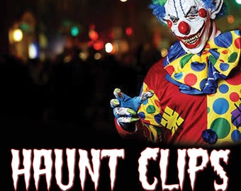 May include: A clown with a white face, red nose, and rainbow hair wearing a red, yellow, and blue polka-dot costume. The text HAUNT CLIPS and Ambient FEAR is waiting appears below the clown against a dark background with blurred lights.