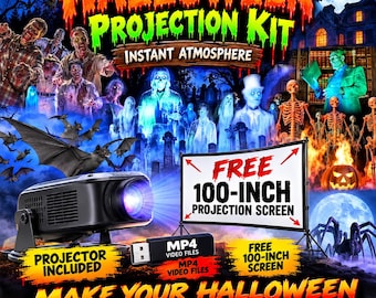 May include: A black digital projector and a black USB flash drive labeled MP4 VIDEO FILES, displayed against a promotional graphic featuring Halloween imagery, text reading HALLOWEEN PROJECTION KIT, and a sign for a FREE 100-INCH PROJECTION SCREEN.