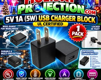 Holiday Projection - 5V 1A (5W) USB Charger Block | Holidayprojection.com