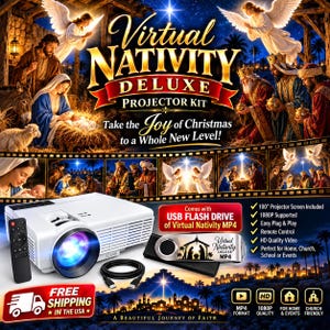 May include: A white projector kit labeled Virtual Nativity Deluxe with a remote control, a black USB flash drive featuring a nativity silhouette, and a black power cable. The packaging displays nativity scenes, angels, and text about the kit.