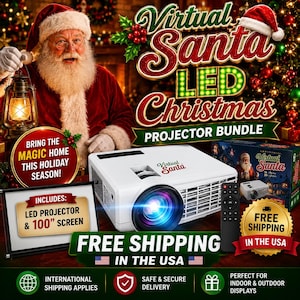 May include: A white LED projector bundle including a 100-inch screen, a black remote control, and a box with Virtual Santa branding. The promotional graphic features text detailing the Virtual Santa LED Christmas projector bundle.