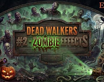 Könnte beinhalten: Eine digitale Grafik mit dem Text DEAD WALKERS #2 - ZOMBIE EFFECTS auf einem Holzschild, umgeben von Illustrationen von Zombies, Kürbissen, Filmrollen und einem USB-Stick. Die Szene ist in einer dunklen, nebligen Umgebung mit grünem Licht.