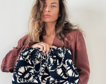 Handmade Large Clutch in Italian Luxe Heavy Canvas - Navy and White Hues with Chain Handle, Perfect for Casual Wear