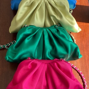 Handmade Luxe Satin Fabric Small Clutch- Emerald Green, Blue, Pink, Olive Green Colors, Perfect for Occasions, Gifts, with Chain Handle