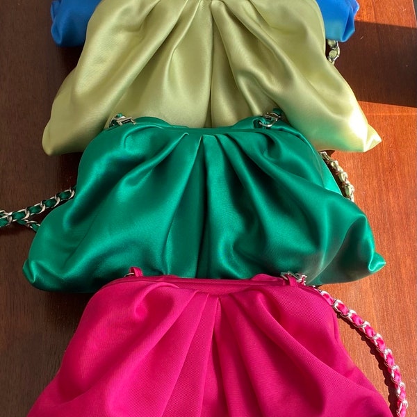 Handmade Luxe Satin Fabric Small Clutch- Emerald Green, Blue, Pink, Olive Green Colors. Perfect for Occasions,Gifts, with Chain Handle