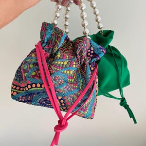 Handmade Brocade and Satin Handbag | Shoulder Drawstring  and Removable Bead Handle| Medium Size |  Casual | Occasion | Gift