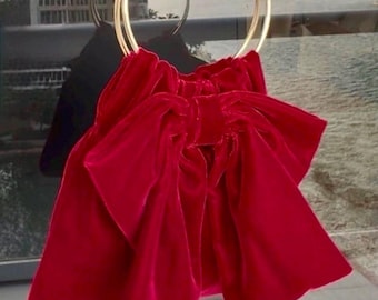 Bolso tote con lazo, asas de anillo, 3 colores de terciopelo, 23 de satén y brocado plateado, hecho a mano.