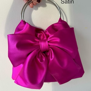 Ring Handles Tote with Bow  | Bordeaux, Azure Blue, Black Velvet | Silver Brocade | Pale Pink, Magenta Pink Satin | Handmade | Gift for Her