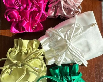 Handmade Luxe Satin Bow Pouch Drawstring Bag - Blush Pink, Magenta, White, Emerald Green, Olive Green Colors, for Weddings,Occasions, Gifts