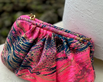 Handmade Brocade Clutch in Pink, Gold, and Navy-Large Size with Chain Handle for Evening Occasions and Gifts