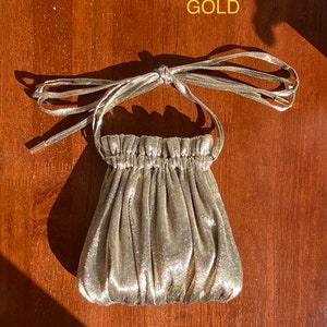 Luxe Metallic Fabric Drawstring Bow Mini Tote Bag in Gold or Silver Perfect for Special Occasions, Gifts and Evenings, Handmade gold
