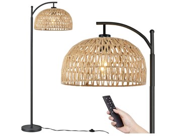 Boho Floor Lamp for Living Room Bedroom Farmhouse Rattan Standing Lamp with Remote,Industrial Black Dimmable Wicker Floor Light