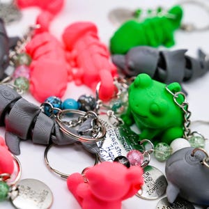 Puede incluir: Una colección de llaveros coloridos con formas de animales, como ranas, tiburones y osos. Los llaveros son de color rosa, verde y gris, con anillas plateadas y cuentas. Algunos tienen etiquetas metálicas grabadas.