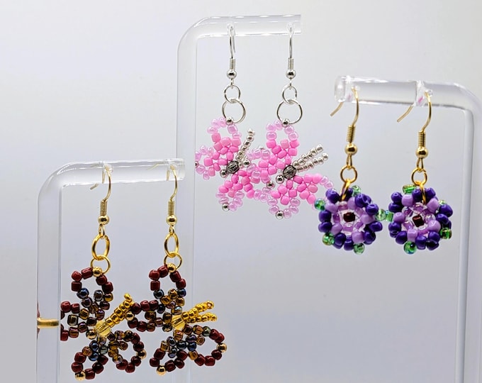 Featured listing image: Beaded Drop Earrings with Hand-Stitched Florals and Butterflies