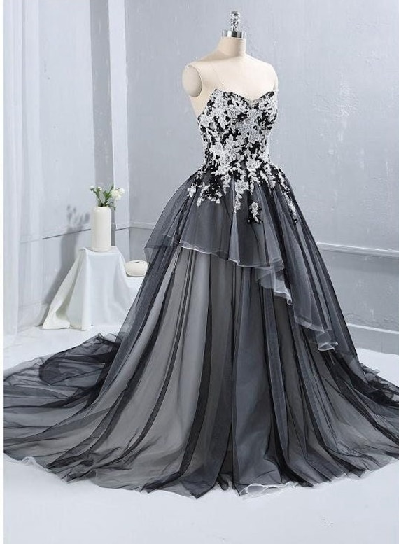 Gothic Black White Wedding Dress Aline Fairy Bridal Dress Etsy UK