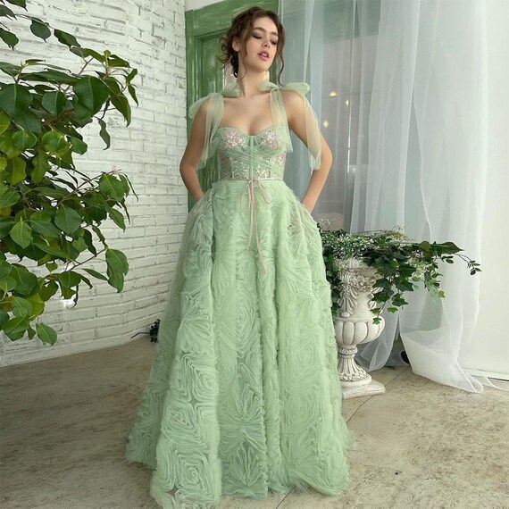 Green Corset Top Tulle Wedding Dress Boho Bridal Dress Etsy