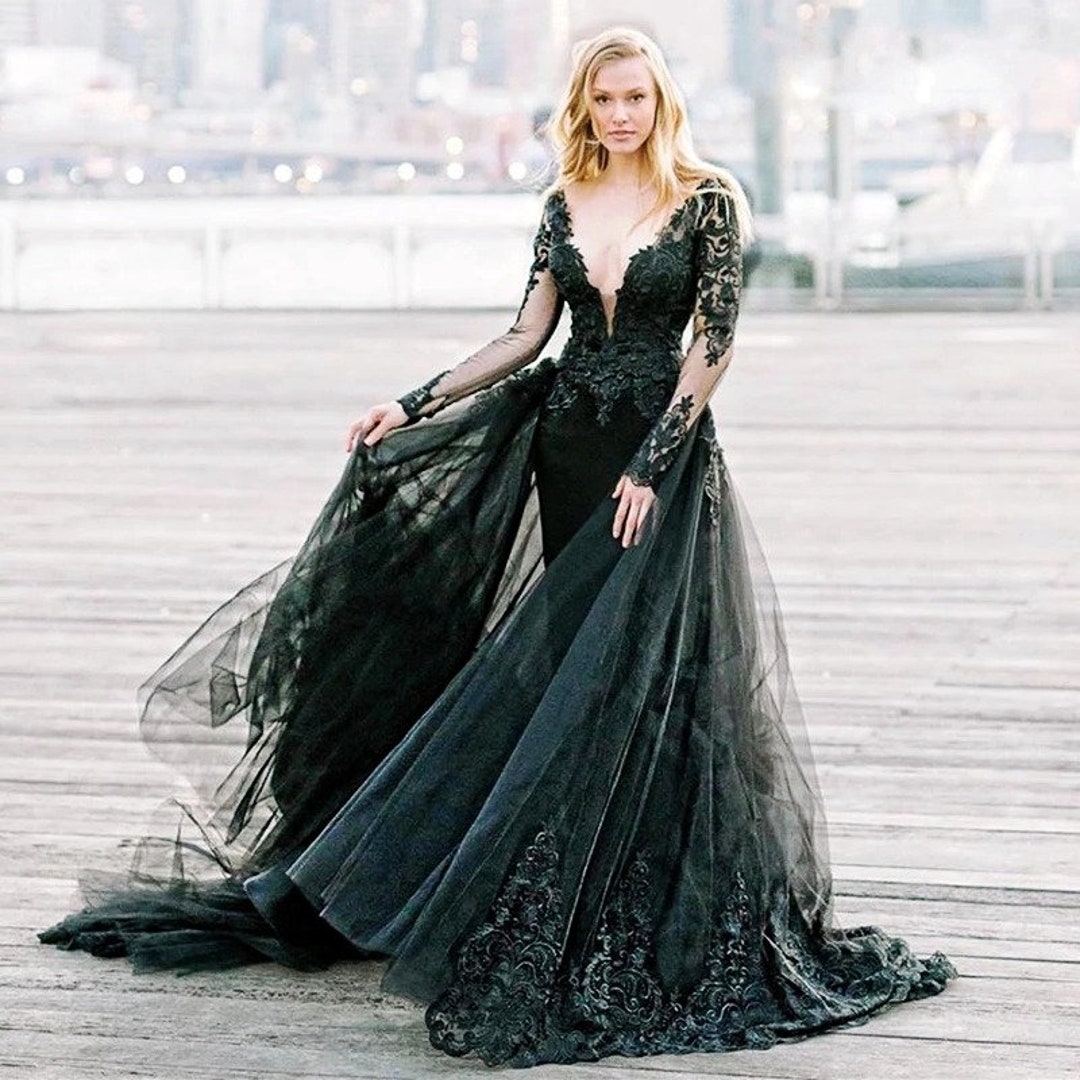 Black Lace Mermaid Wedding Dress With Detachable Train Fairy - Etsy Canada