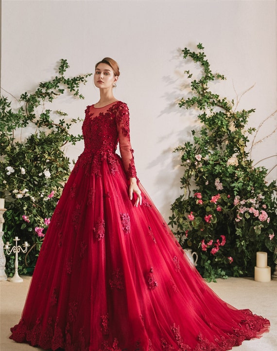 Red Lace Long Sleeve Wedding Dress Unique Wedding Dress Boho