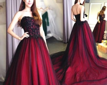 Black Wedding Dress, Red Fairy Bridal Dress, Gothic Bridal Gown, Forest Wedding Dress, Witchy Bridal Dress, Gothic Wedding Dress, Black Red