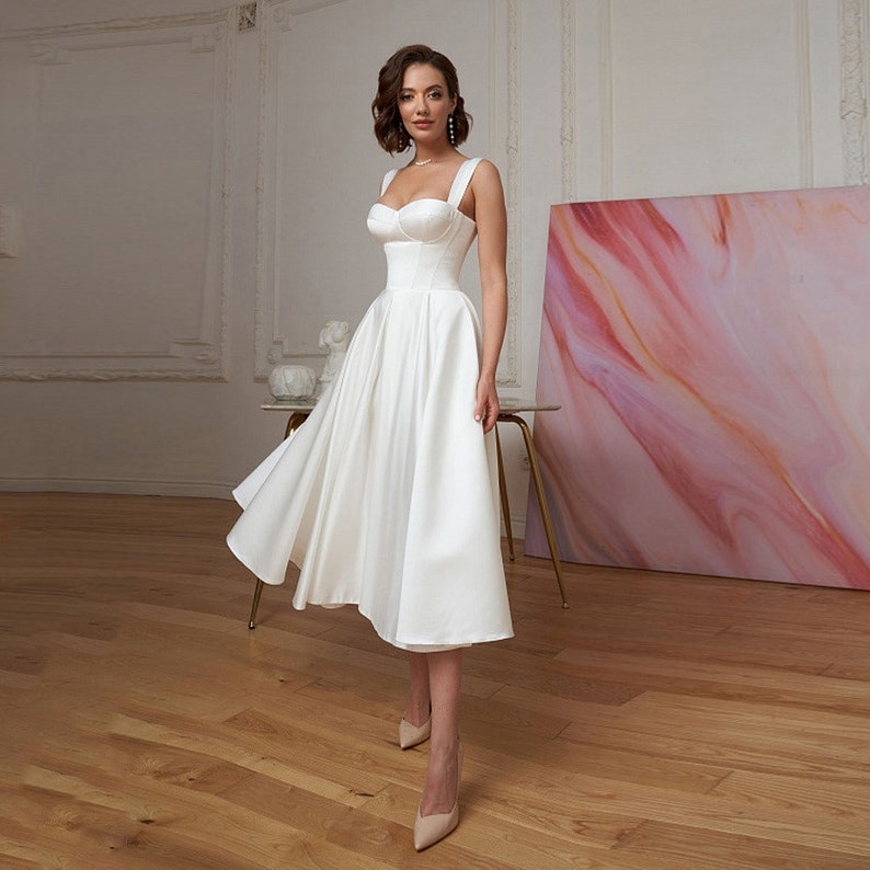 Simple Satin Short Wedding Dress - Strapless A-Line Bridal Shower & Elopement Gown
