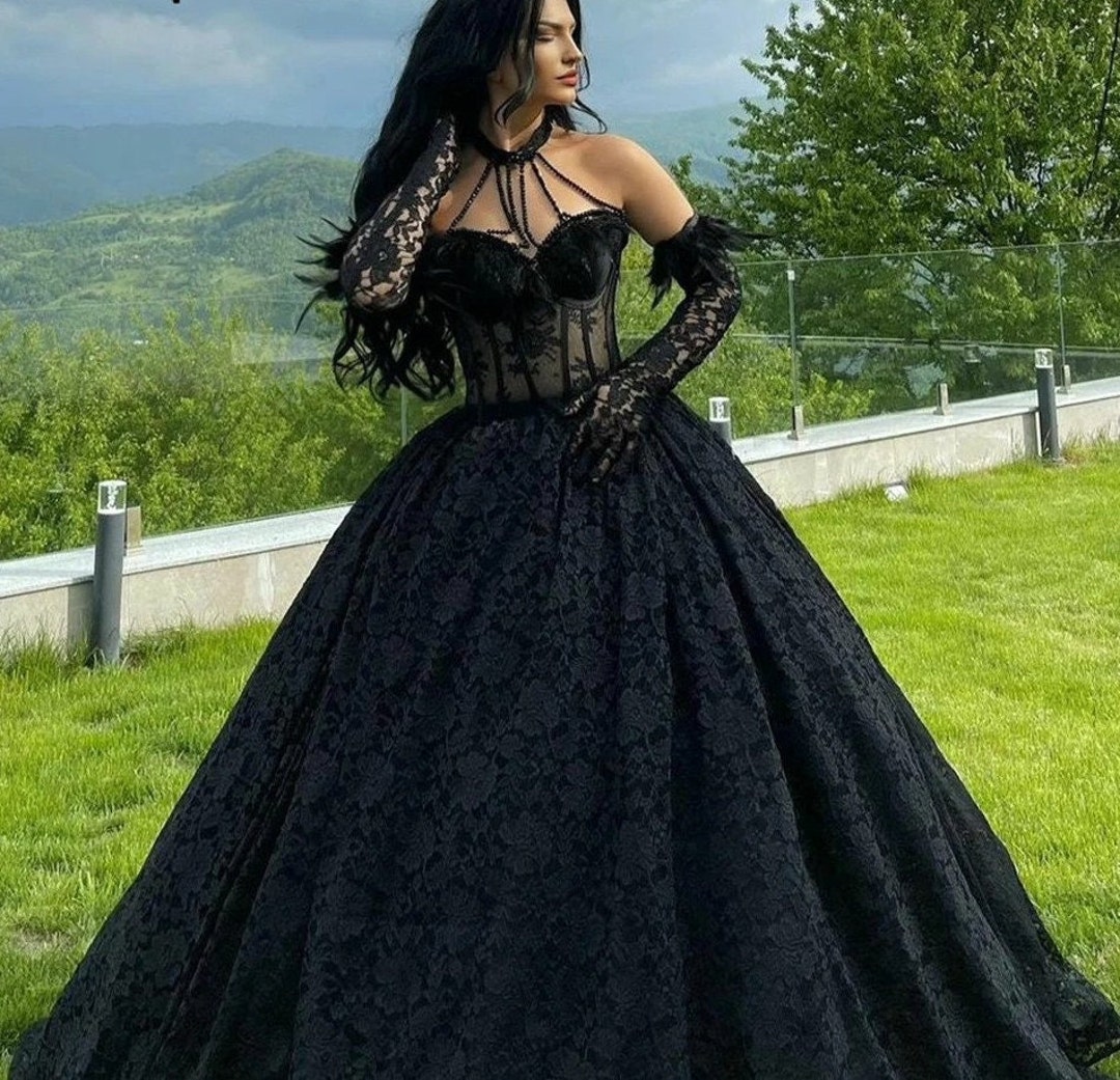 Gothic Wedding Dress Black Lace Fairy Bridal Dress Forest - Etsy UK