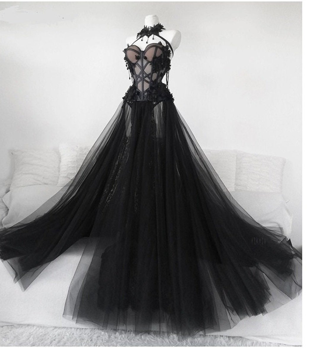 Black Lace Coreset Wedding Dress, Fairy Bridal Dress, Tulle Bridal Gown ...