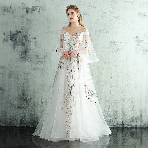 Embroidered boho deals wedding dress