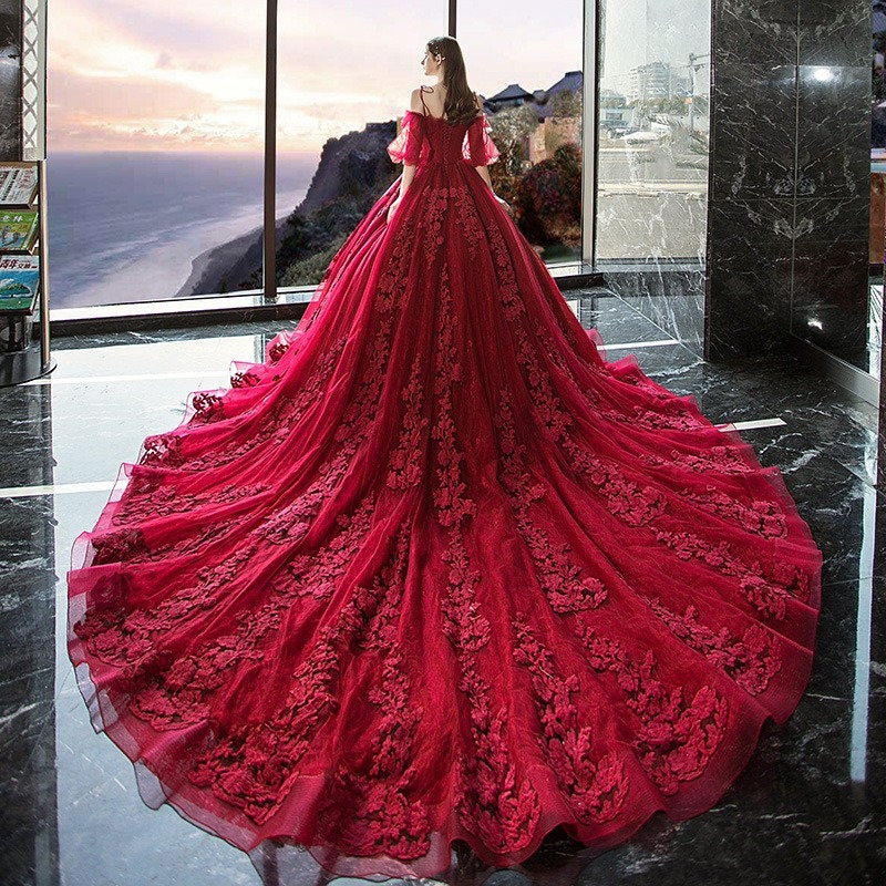 Red Lace Off-shoulder Wedding Dress Unique Wedding Dress - Etsy UK