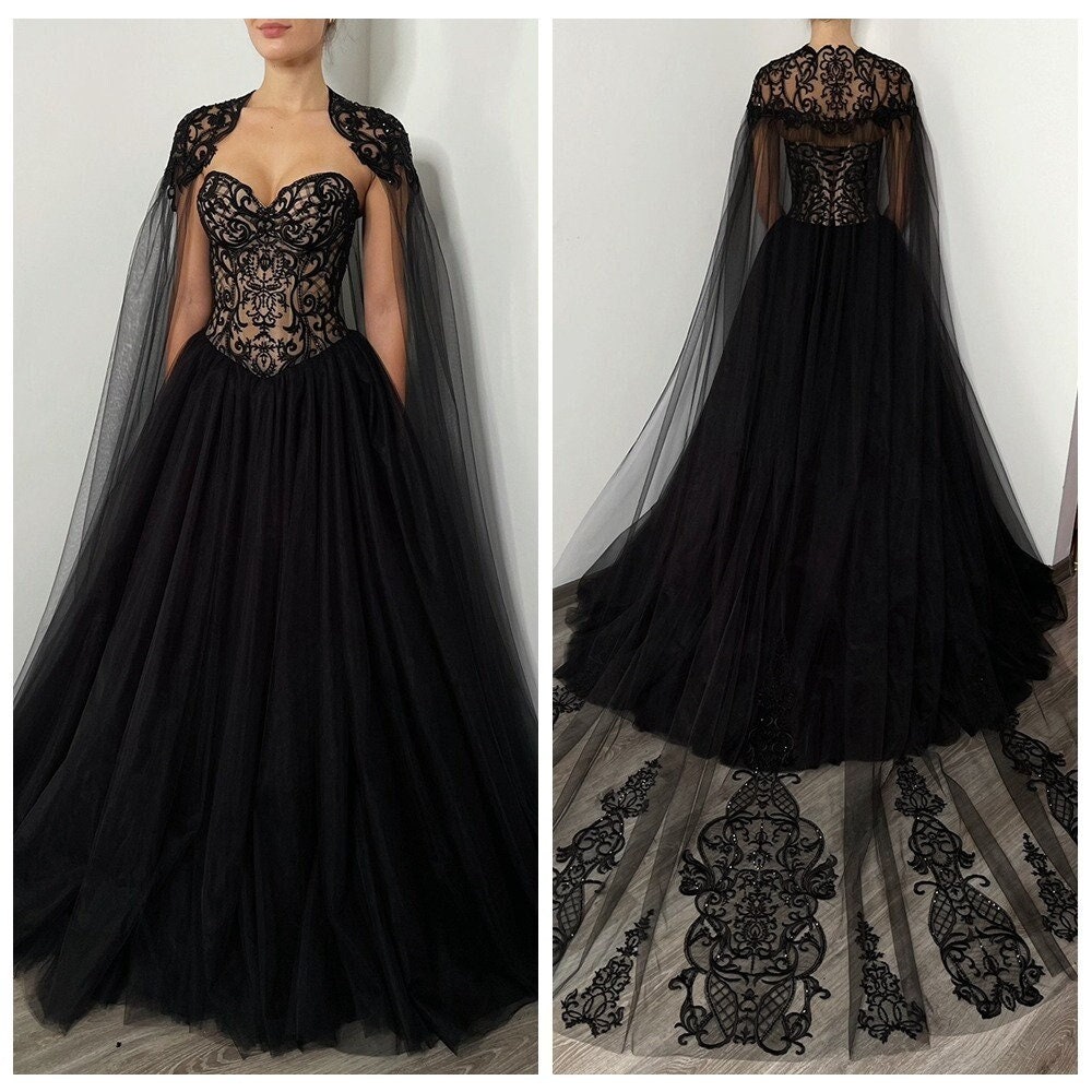 Black Corset Wedding Dress With Cape Black Bridal Gown Etsy