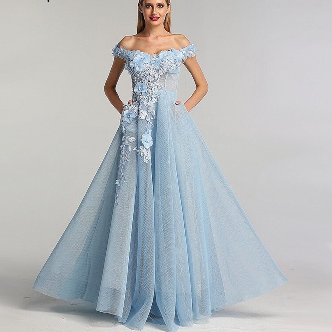 Blue Princess Bride Dress A Line Tulle Wedding Dress Unique Blue