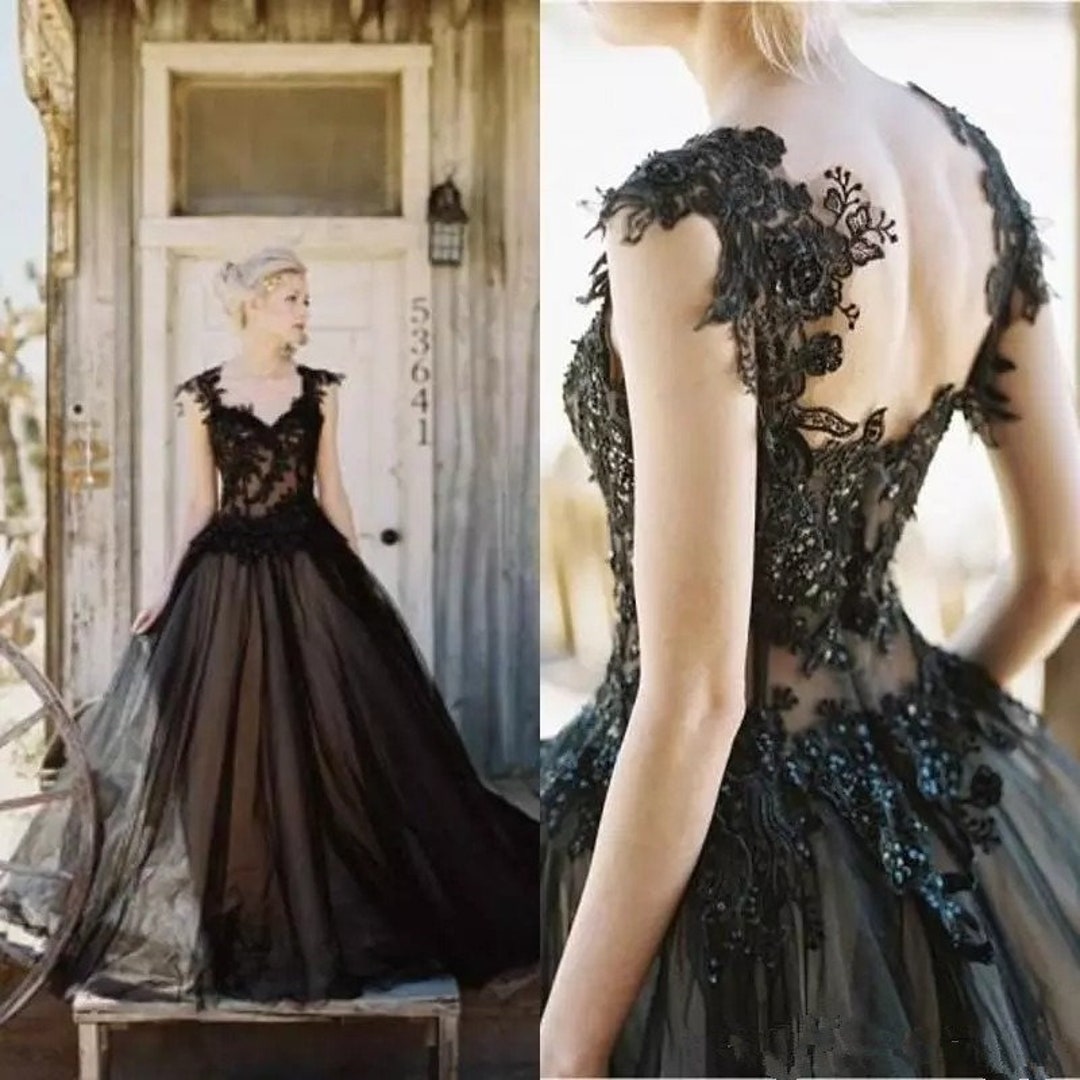 Black Lace Wedding Dress With Train Ethereal Wedding Dress - Etsy