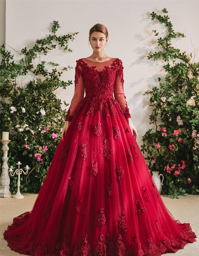 Red Lace Long Sleeve Wedding Dress, Unique Wedding Dress, Boho Wedding