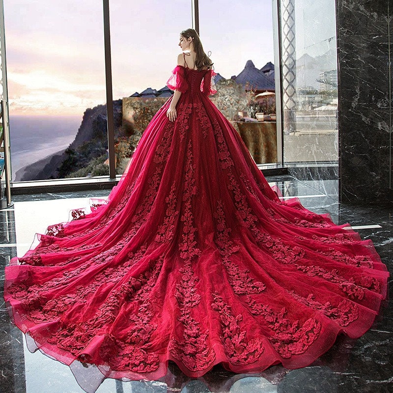 Red Lace Off-shoulder Wedding Dress Unique Wedding Dress - Etsy UK