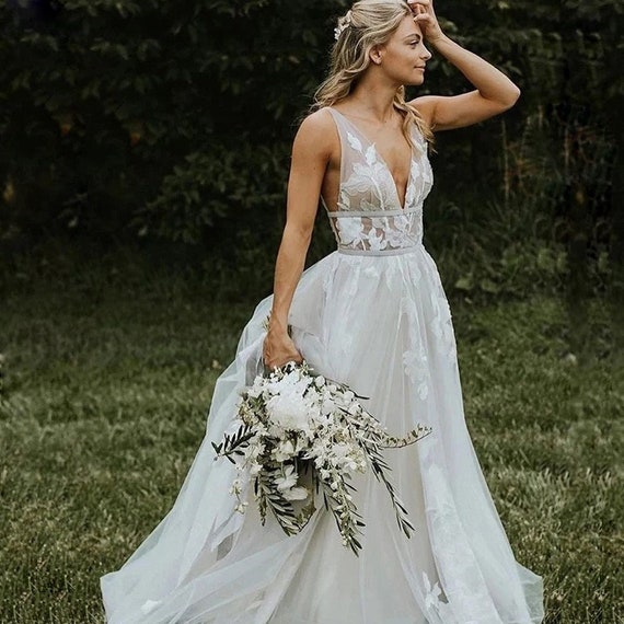 v neck a line wedding dress