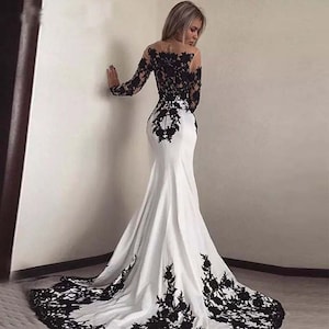 Black White A Line Gothic Wedding Dress Long Sleeve Bridal Etsy