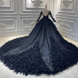 Black Lace Princess Wedding Dress With Train Long Sleeve - Etsy