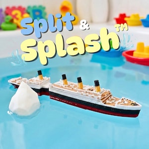 May include: A toy Titanic ship splits in half, with a white iceberg floating nearby in blue water. The words "Split & Splash" are in the background, along with other colorful bath toys.