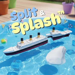 May include: Two toy cruise ships, one red and black, the other white and black, float in a blue pool with an iceberg and ice cubes. The words "Split & Splash" are written in blue and yellow.