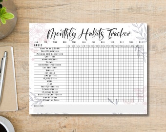 May include: A black and white printable monthly habit tracker with floral accents. The tracker includes a list of habits to track, such as wake up time, prayer, skin care, workout, shower, and more. The tracker is designed to help you stay on track with your goals and habits.