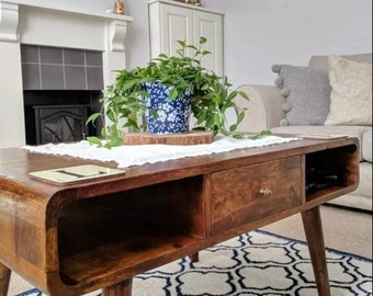 Coffee Table with Drawer, Mid Century Coffee Table, Retro Coffee Table with shelves, Coffee Table with Storage, Mid Century Modern Chestnut