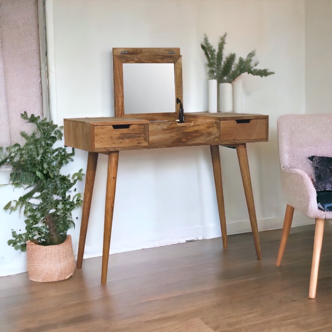 Slim Dressing Table With Mirror, Mid Century Console, Oak Colour