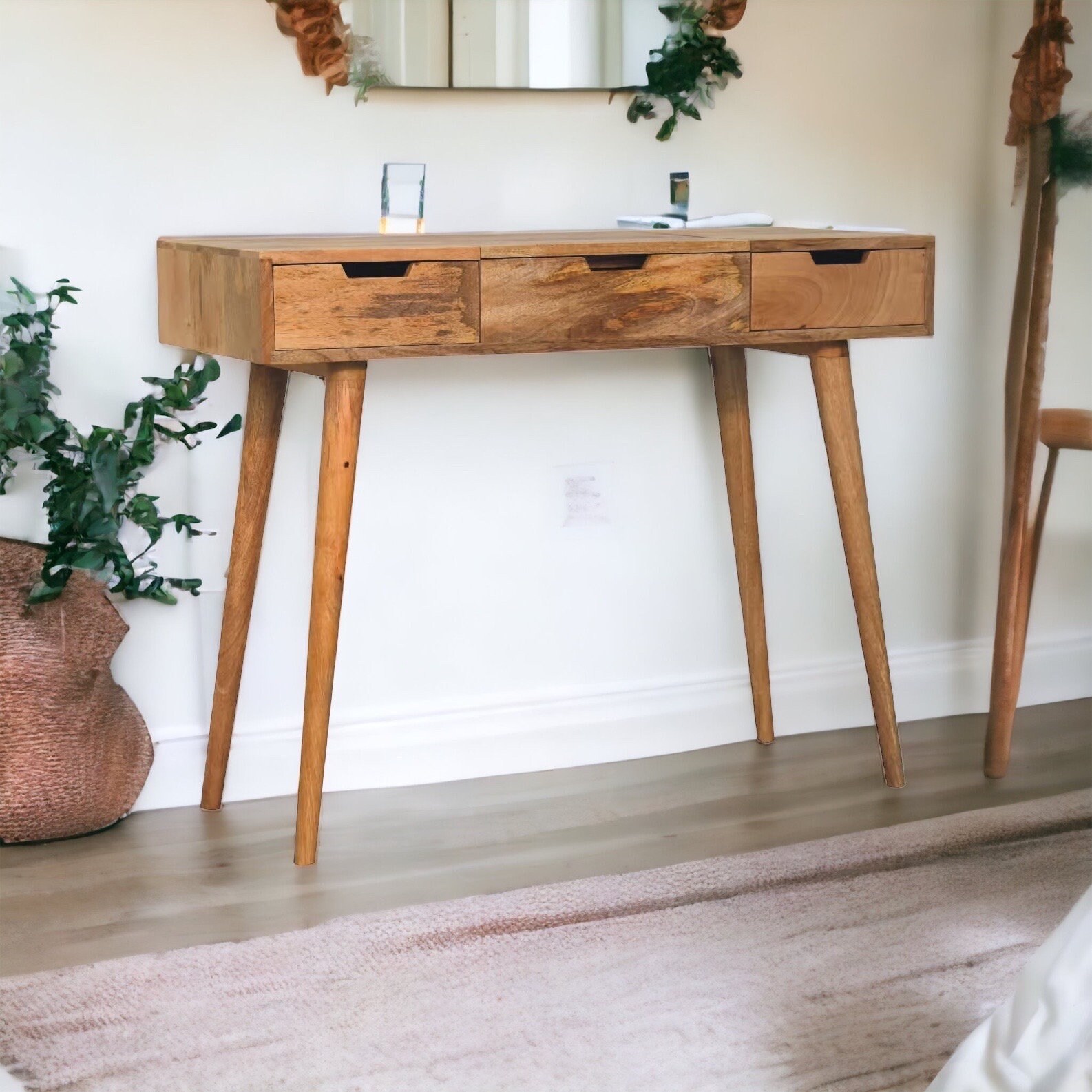 Slim Dressing Table With Mirror, Mid Century Console, Oak Colour