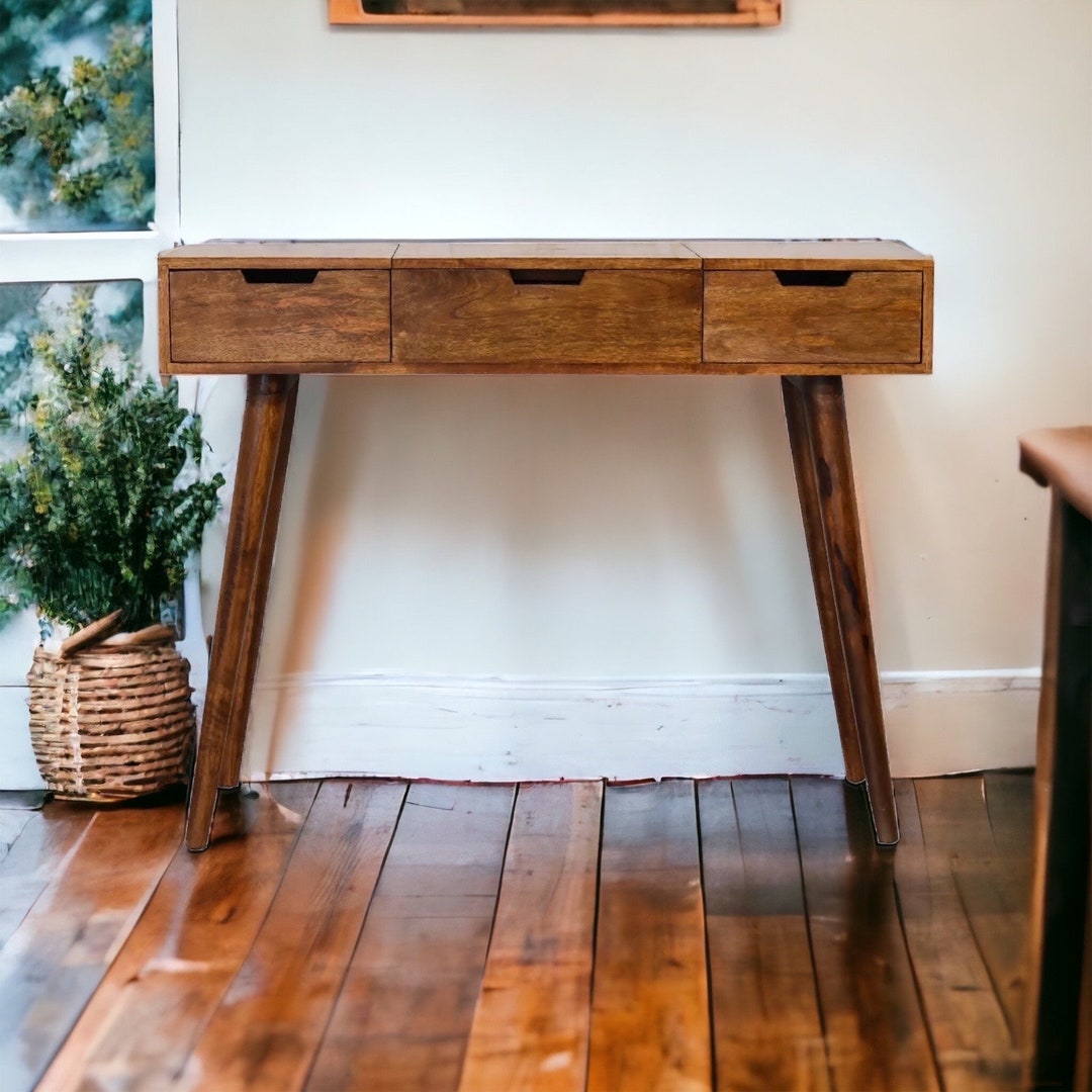 Slim Dressing Table With Mirror, Mid Century Console, Chestnut Dressing