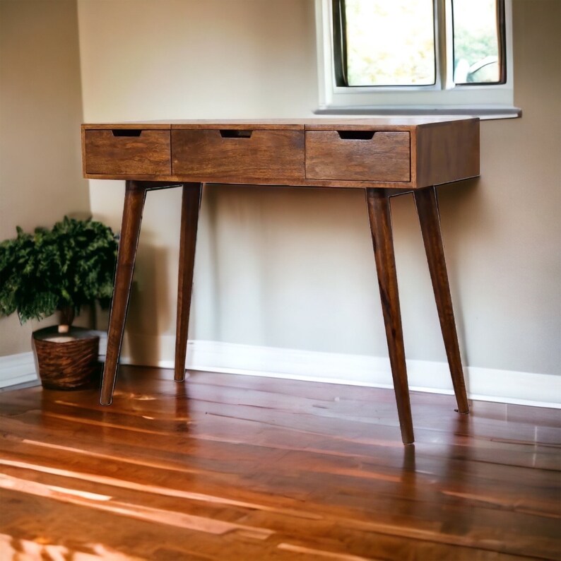 Slim Dressing Table With Mirror, Mid Century Console, Chestnut Dressing
