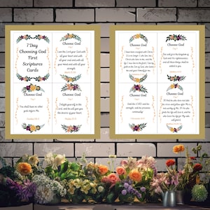 Digital Set of 7 Choose God First, Themed Bible Verses, 4.3x5.5&quot; Cards, Downloadable Scripture Cards, Digital Cards, Memory Verse Cards.