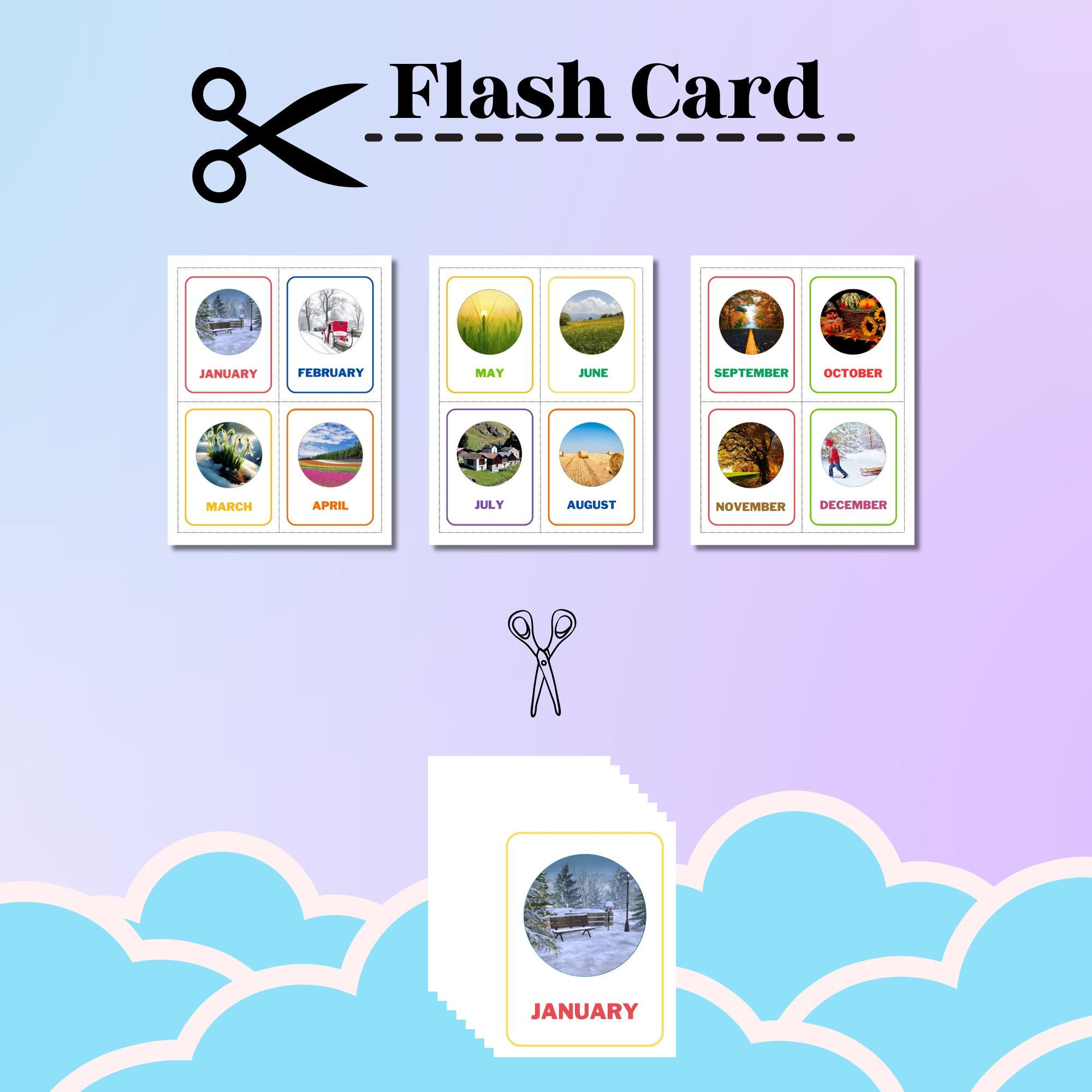 Months of the Year Flashcards, Printable Learning Cards for Children