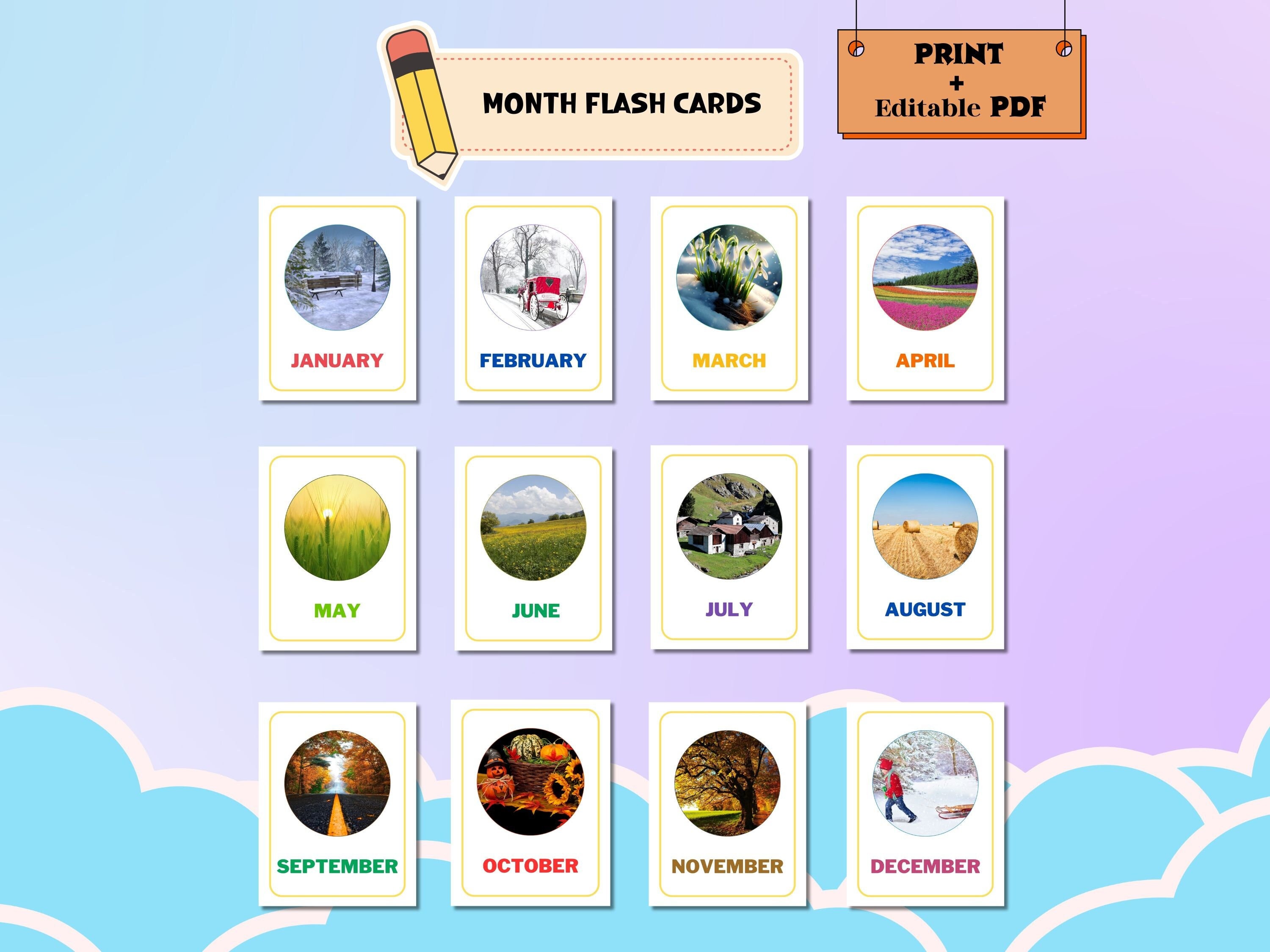 Months of the Year Flashcards, Printable Learning Cards for Children