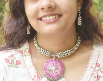 Collier choker oxydé avec ensemble de boucles d’oreilles, argent allemand, afghan traditionnel, bijoux indiens, ensemble de bijoux réglables oxydés.