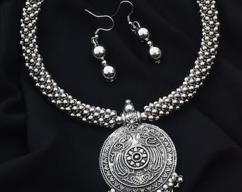 Collier Choker oxydé avec ensemble de boucles d’oreilles, argent allemand, afghani traditionnel, bijoux indiens, ensemble de bijoux réglables oxydés.